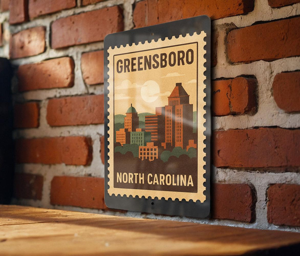 Greensboro North Carolina Metal Sign Featuring Retro Postage Stamp Design of City Landmarks and Skyline — photo 3