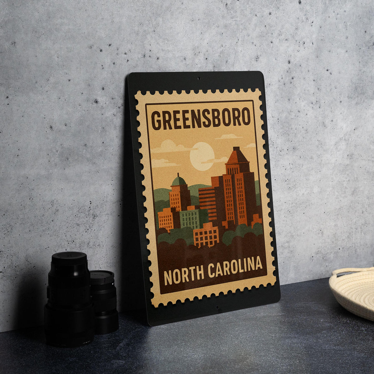 Greensboro North Carolina Metal Sign Featuring Retro Postage Stamp Design of City Landmarks and Skyline — photo 4