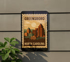 Greensboro North Carolina Metal Sign Featuring Retro Postage Stamp Design of City Landmarks and Skyline — photo 5