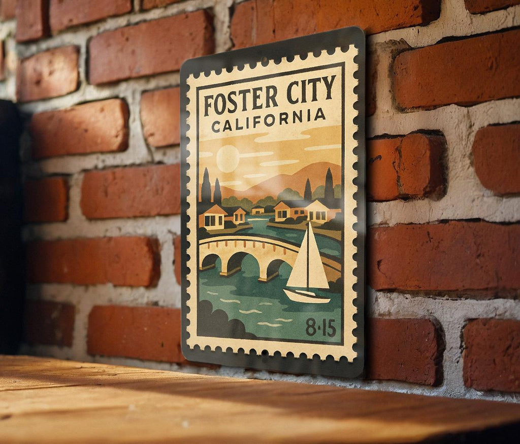 Foster City California Metal Sign – Retro Postage Stamp Design Featuring Coastal Cityscape and Scenic Landmarks — photo 1