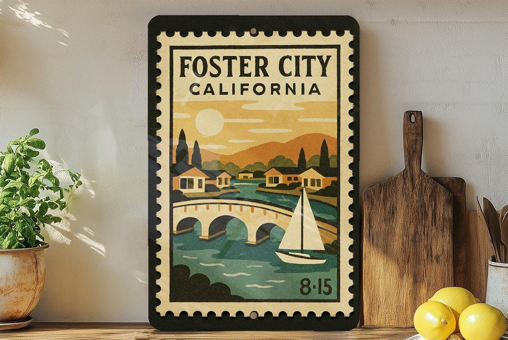 Foster City California Metal Sign – Retro Postage Stamp Design Featuring Coastal Cityscape and Scenic Landmarks — photo 2