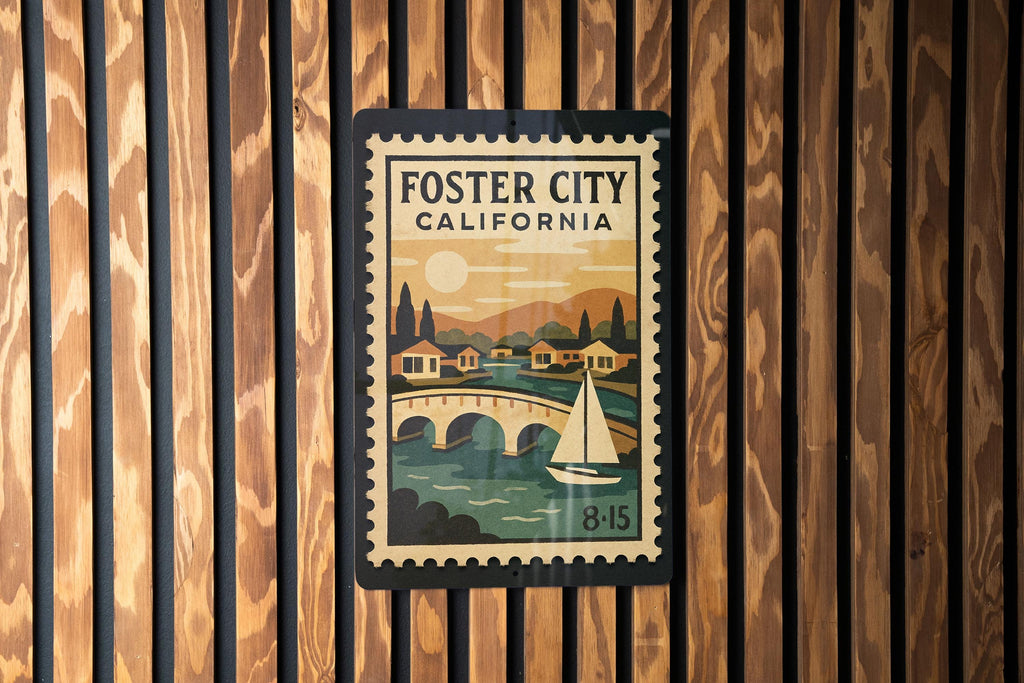 Foster City California Metal Sign – Retro Postage Stamp Design Featuring Coastal Cityscape and Scenic Landmarks — photo 3