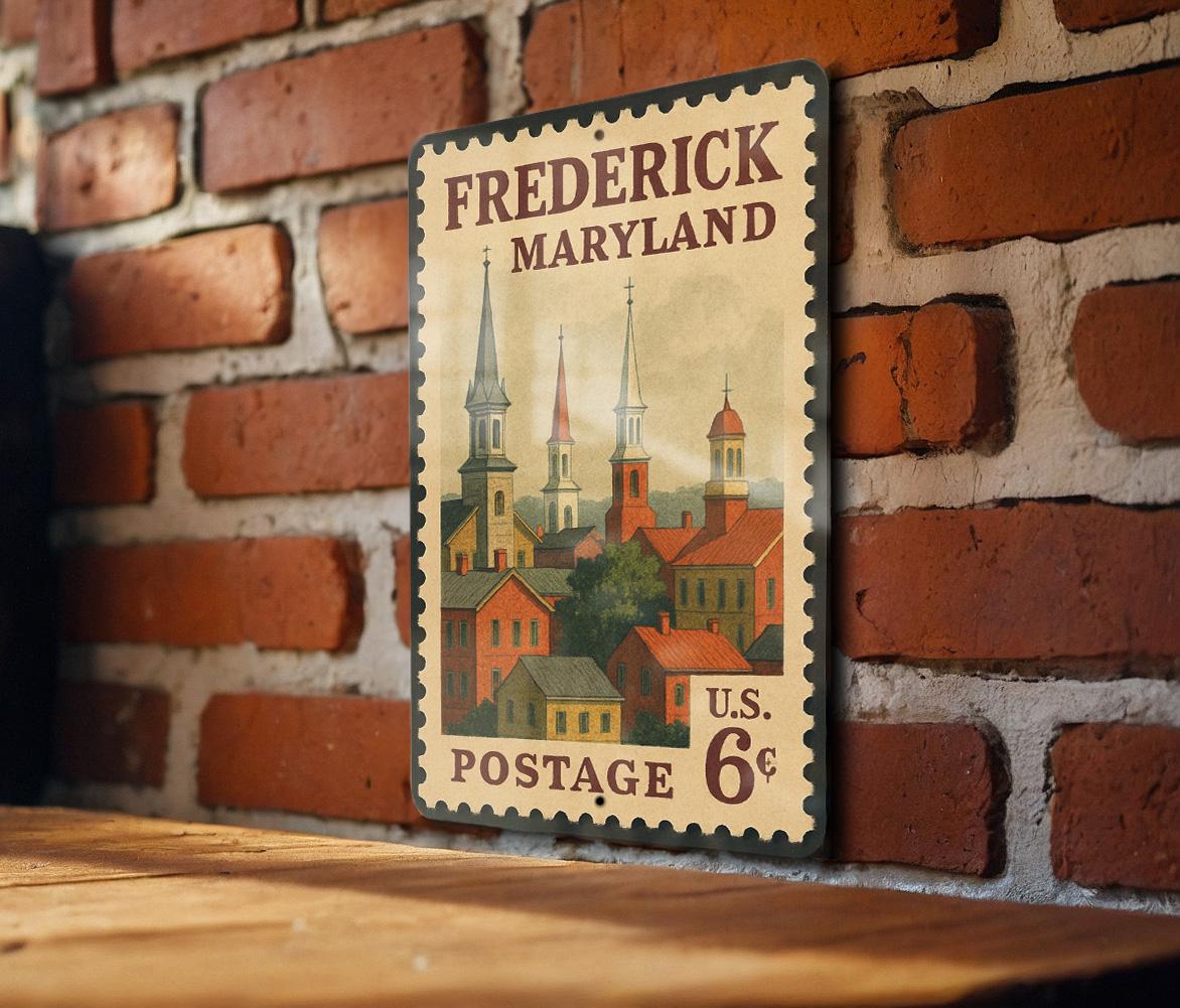 Frederick Maryland Metal Sign – Retro Postage Stamp Design Featuring Historic Downtown and Scenic Landmarks — photo 1