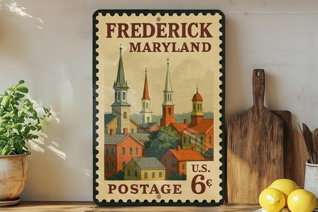 Frederick Maryland Metal Sign – Retro Postage Stamp Design Featuring Historic Downtown and Scenic Landmarks — photo 2