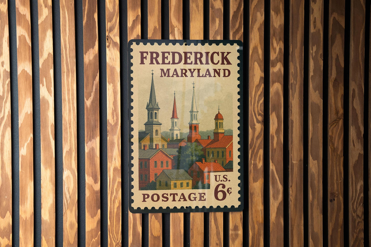 Frederick Maryland Metal Sign – Retro Postage Stamp Design Featuring Historic Downtown and Scenic Landmarks — photo 3
