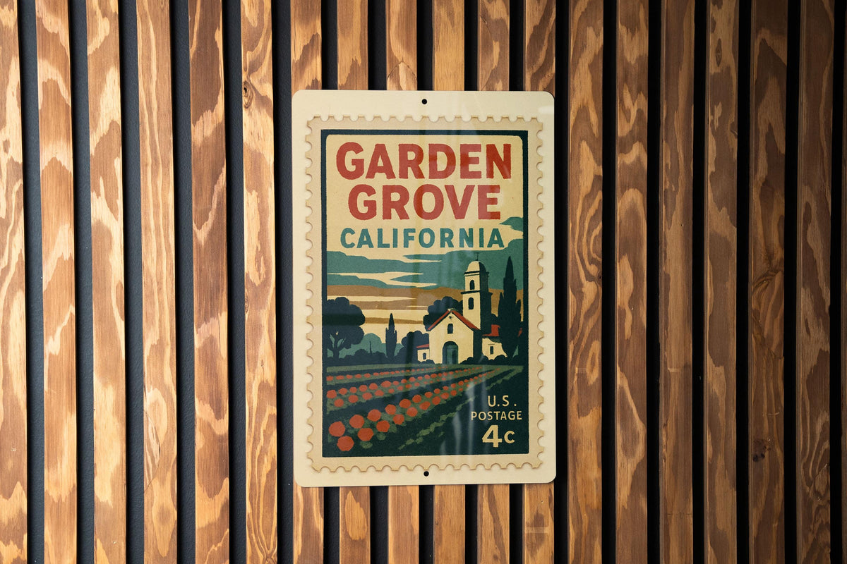 Garden Grove California Postage Stamp Metal Sign – Retro City Souvenir Wall Decor for Home or Office Display — photo 2