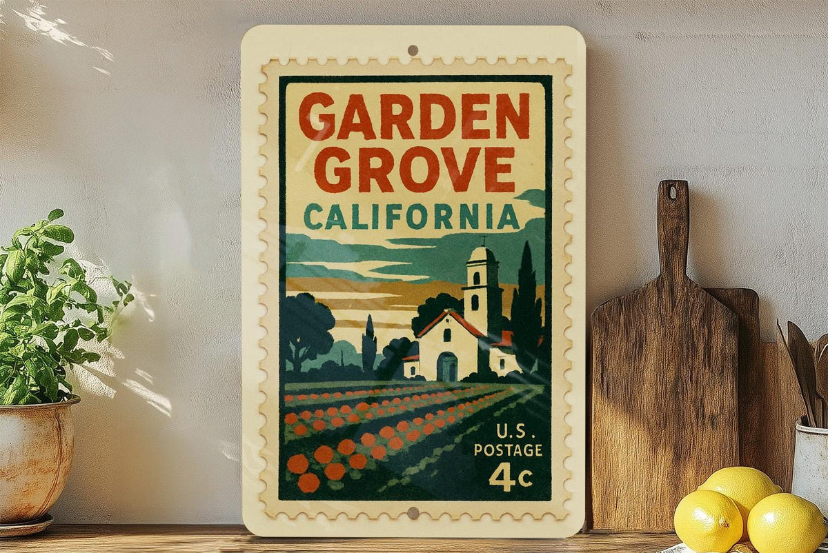 Garden Grove California Postage Stamp Metal Sign – Retro City Souvenir Wall Decor for Home or Office Display — photo 3