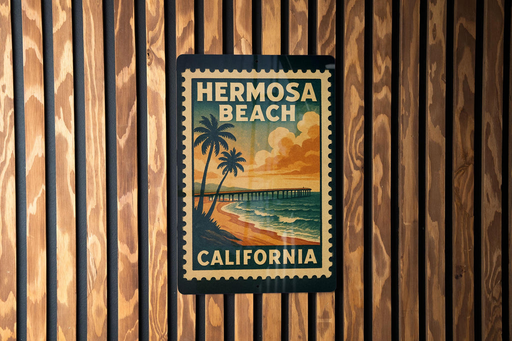 Hermosa Beach California Metal Sign – Retro Postage Stamp Design Featuring Coastal City and Ocean Scene Décor — photo 2