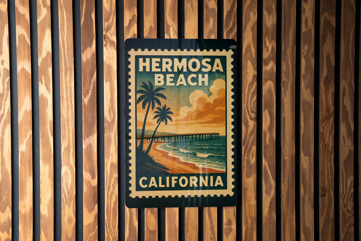 Hermosa Beach California Metal Sign – Retro Postage Stamp Design Featuring Coastal City and Ocean Scene Décor — photo 2