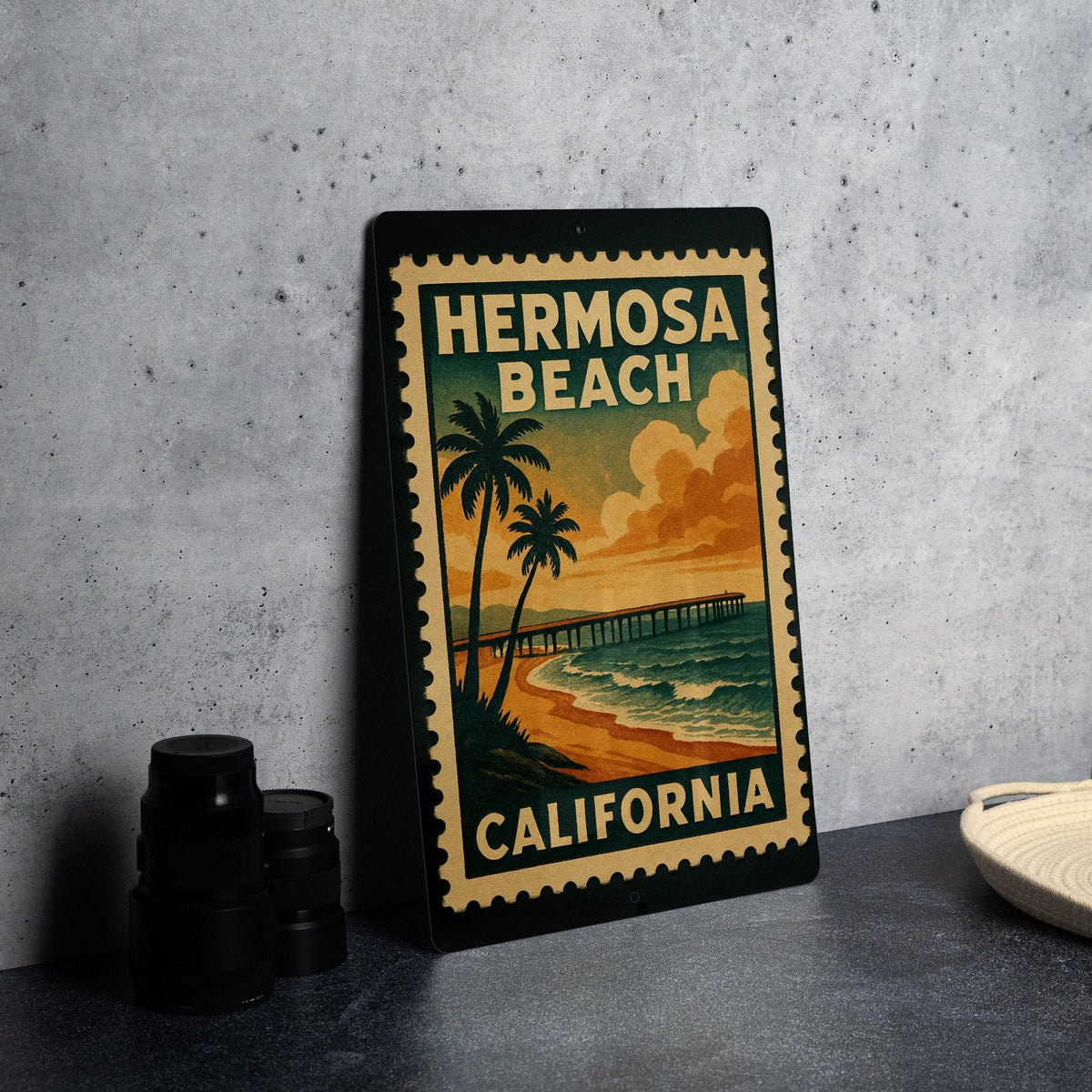 Hermosa Beach California Metal Sign – Retro Postage Stamp Design Featuring Coastal City and Ocean Scene Décor — photo 4