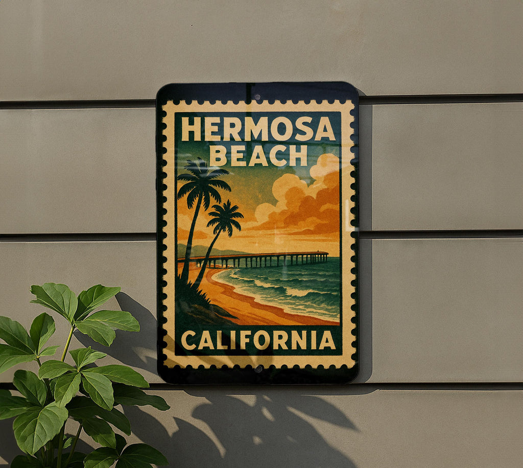 Hermosa Beach California Metal Sign – Retro Postage Stamp Design Featuring Coastal City and Ocean Scene Décor — photo 5