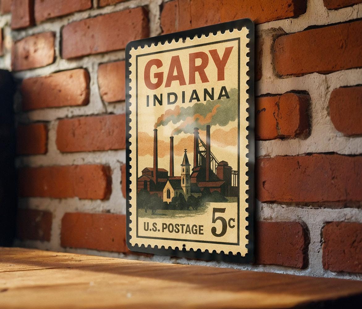 Gary Indiana Postage Stamp Metal Sign – Vintage City Landmark Souvenir Wall Decor – Retro Travel Collectible Signage — photo 1