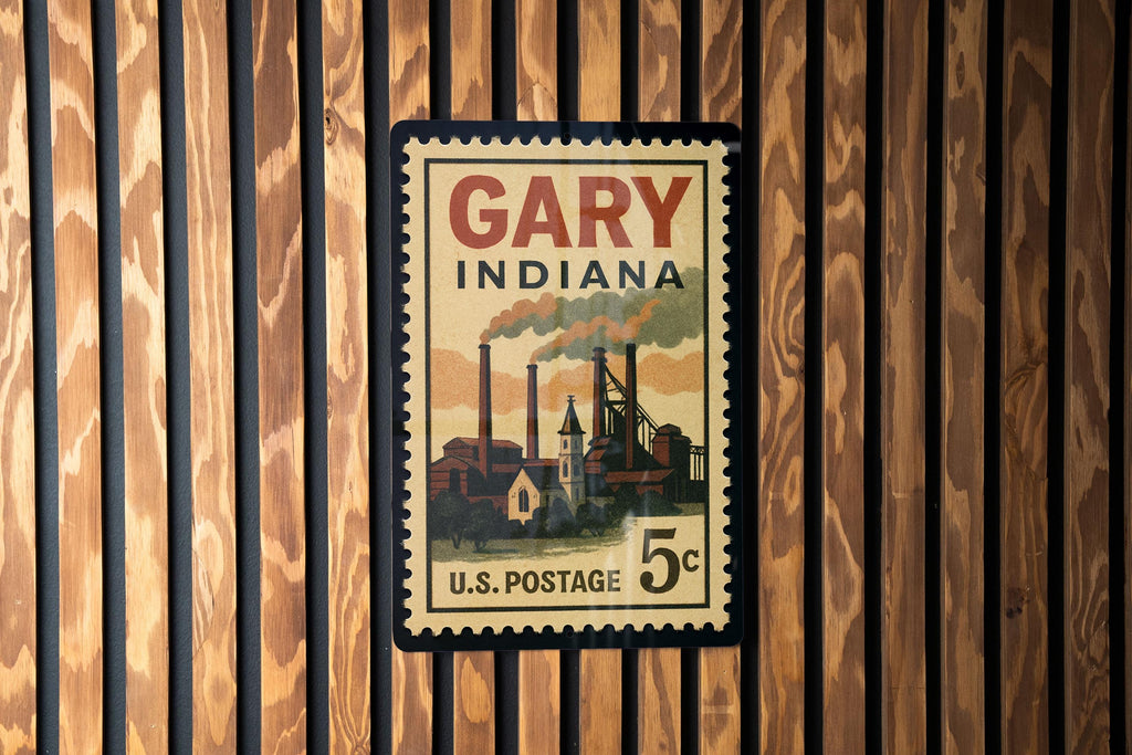 Gary Indiana Postage Stamp Metal Sign – Vintage City Landmark Souvenir Wall Decor – Retro Travel Collectible Signage — photo 2