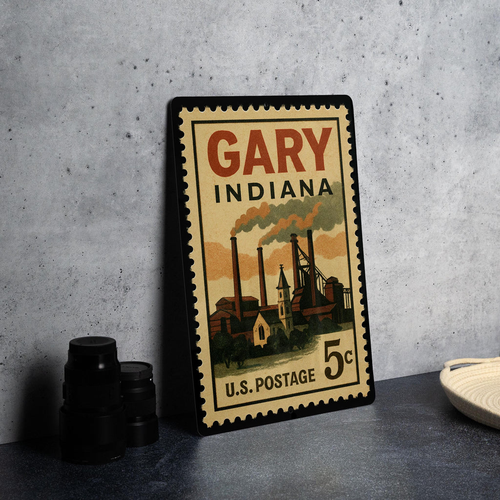 Gary Indiana Postage Stamp Metal Sign – Vintage City Landmark Souvenir Wall Decor – Retro Travel Collectible Signage — photo 4