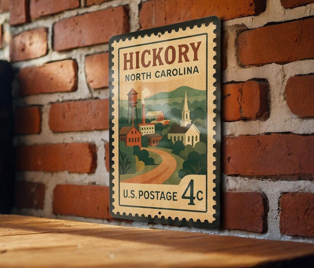 Hickory North Carolina Metal Sign – Retro Postage Stamp Design Featuring City Name and Scenic Landmark Illustration — photo 1