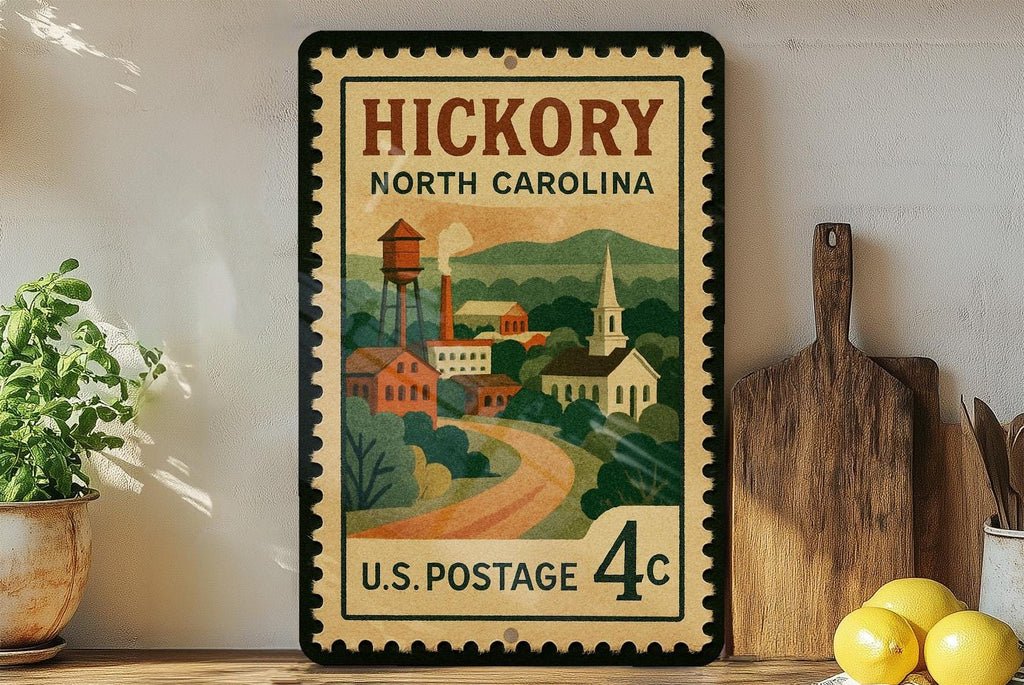 Hickory North Carolina Metal Sign – Retro Postage Stamp Design Featuring City Name and Scenic Landmark Illustration — photo 3