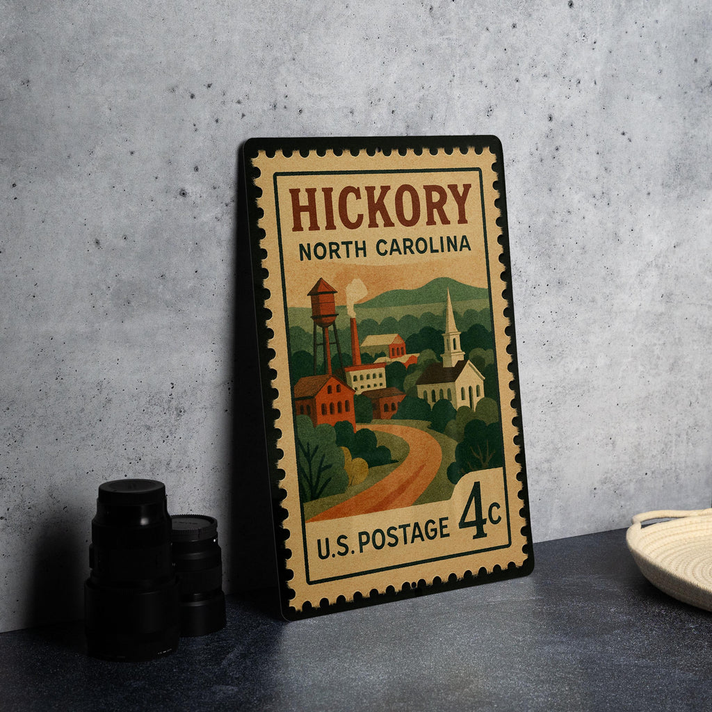 Hickory North Carolina Metal Sign – Retro Postage Stamp Design Featuring City Name and Scenic Landmark Illustration — photo 4