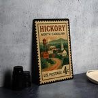 Hickory North Carolina Metal Sign – Retro Postage Stamp Design Featuring City Name and Scenic Landmark Illustration — photo 4