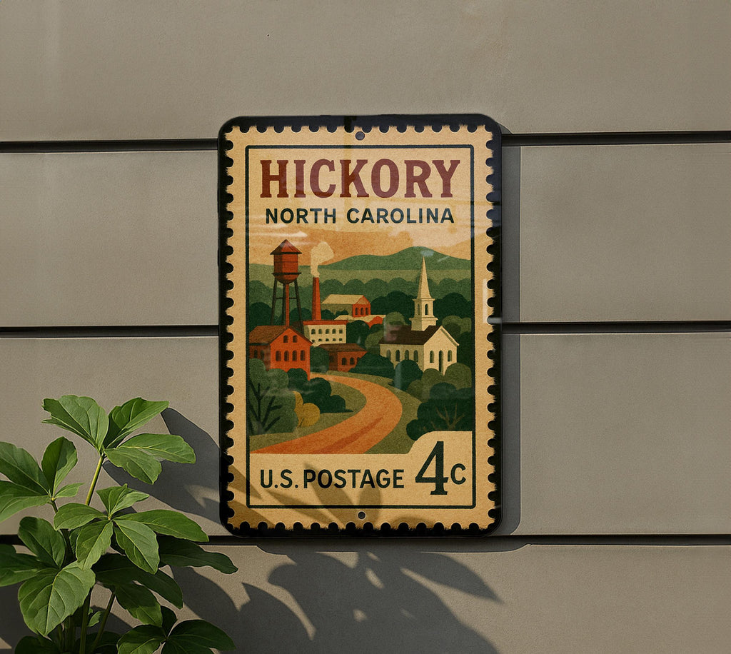 Hickory North Carolina Metal Sign – Retro Postage Stamp Design Featuring City Name and Scenic Landmark Illustration — photo 5