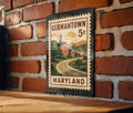 Germantown Maryland Metal Sign – Retro Postage Stamp Featuring Historic Landmarks and Local Scenery Décor Sign — photo 1