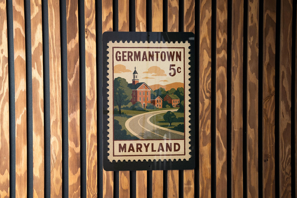 Germantown Maryland Metal Sign – Retro Postage Stamp Featuring Historic Landmarks and Local Scenery Décor Sign — photo 2