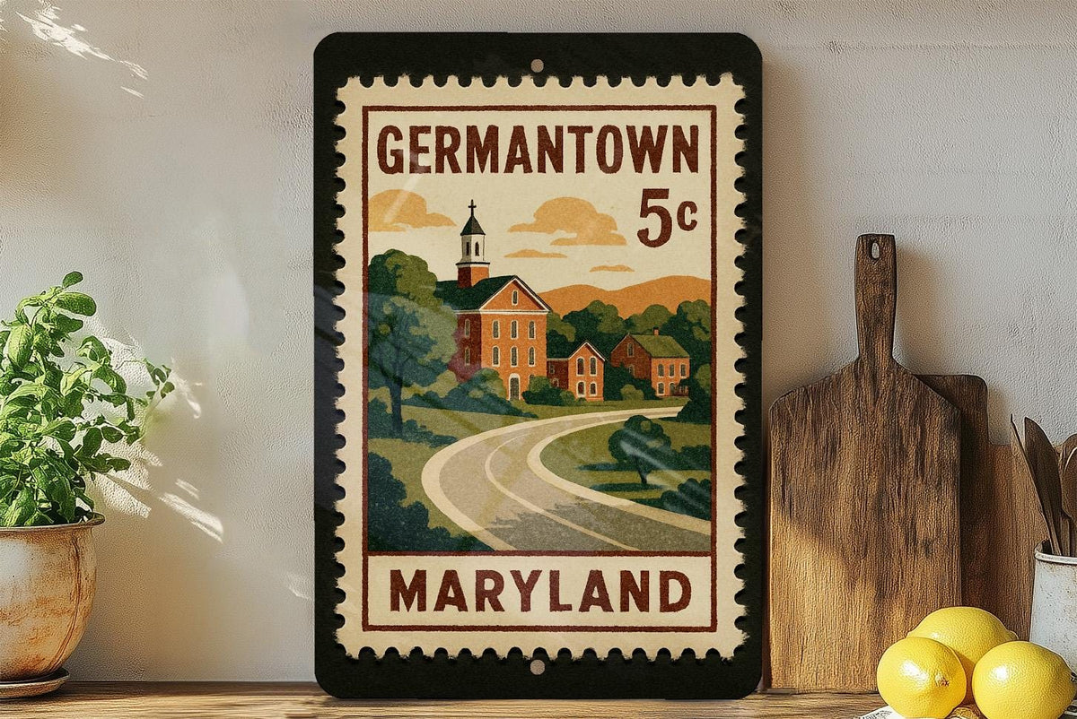 Germantown Maryland Metal Sign – Retro Postage Stamp Featuring Historic Landmarks and Local Scenery Décor Sign — photo 3