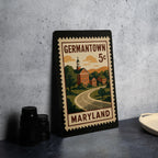 Germantown Maryland Metal Sign – Retro Postage Stamp Featuring Historic Landmarks and Local Scenery Décor Sign — photo 4