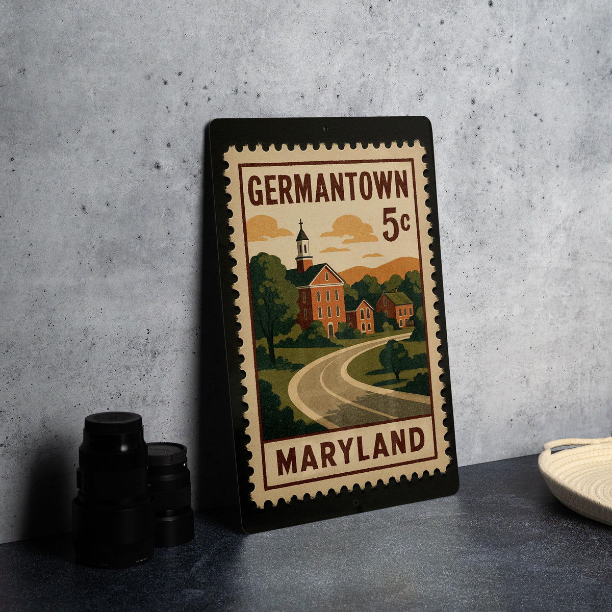 Germantown Maryland Metal Sign – Retro Postage Stamp Featuring Historic Landmarks and Local Scenery Décor Sign — photo 4