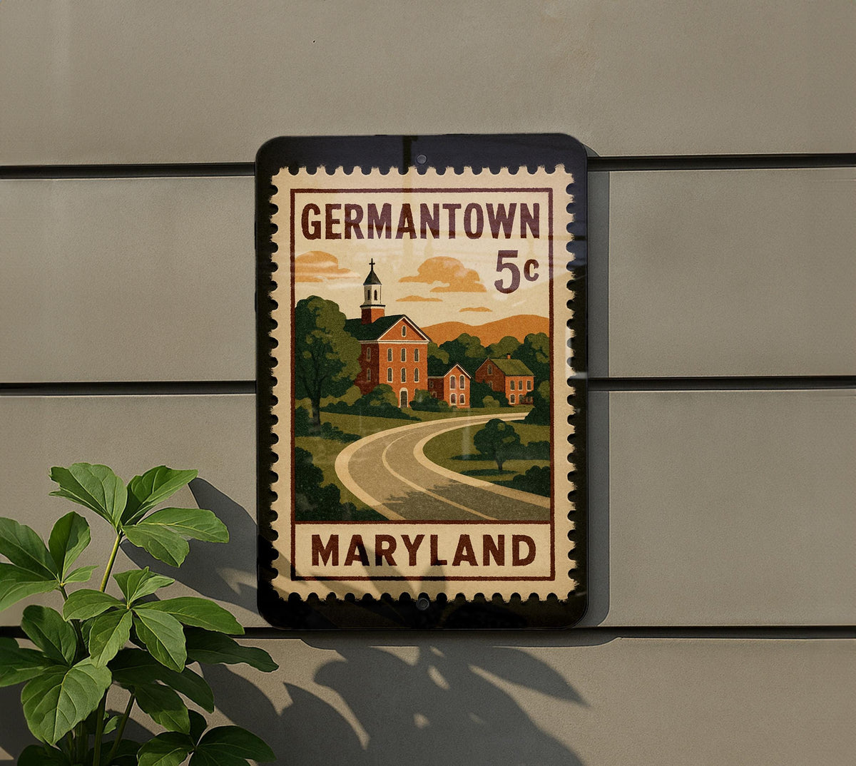Germantown Maryland Metal Sign – Retro Postage Stamp Featuring Historic Landmarks and Local Scenery Décor Sign — photo 5