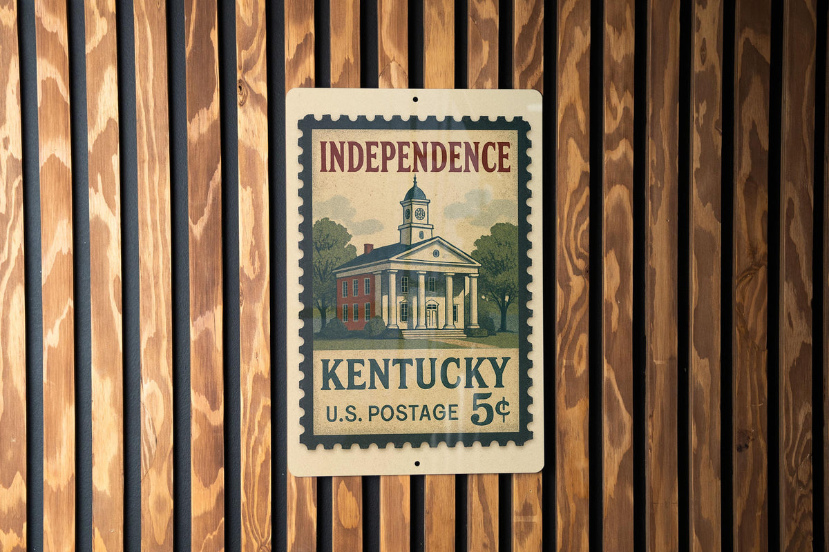 Independence Kentucky Metal Sign Featuring Retro Postage Stamp Design of Historic Landmarks and Americana Theme — photo 1