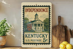 Independence Kentucky Metal Sign Featuring Retro Postage Stamp Design of Historic Landmarks and Americana Theme — photo 2