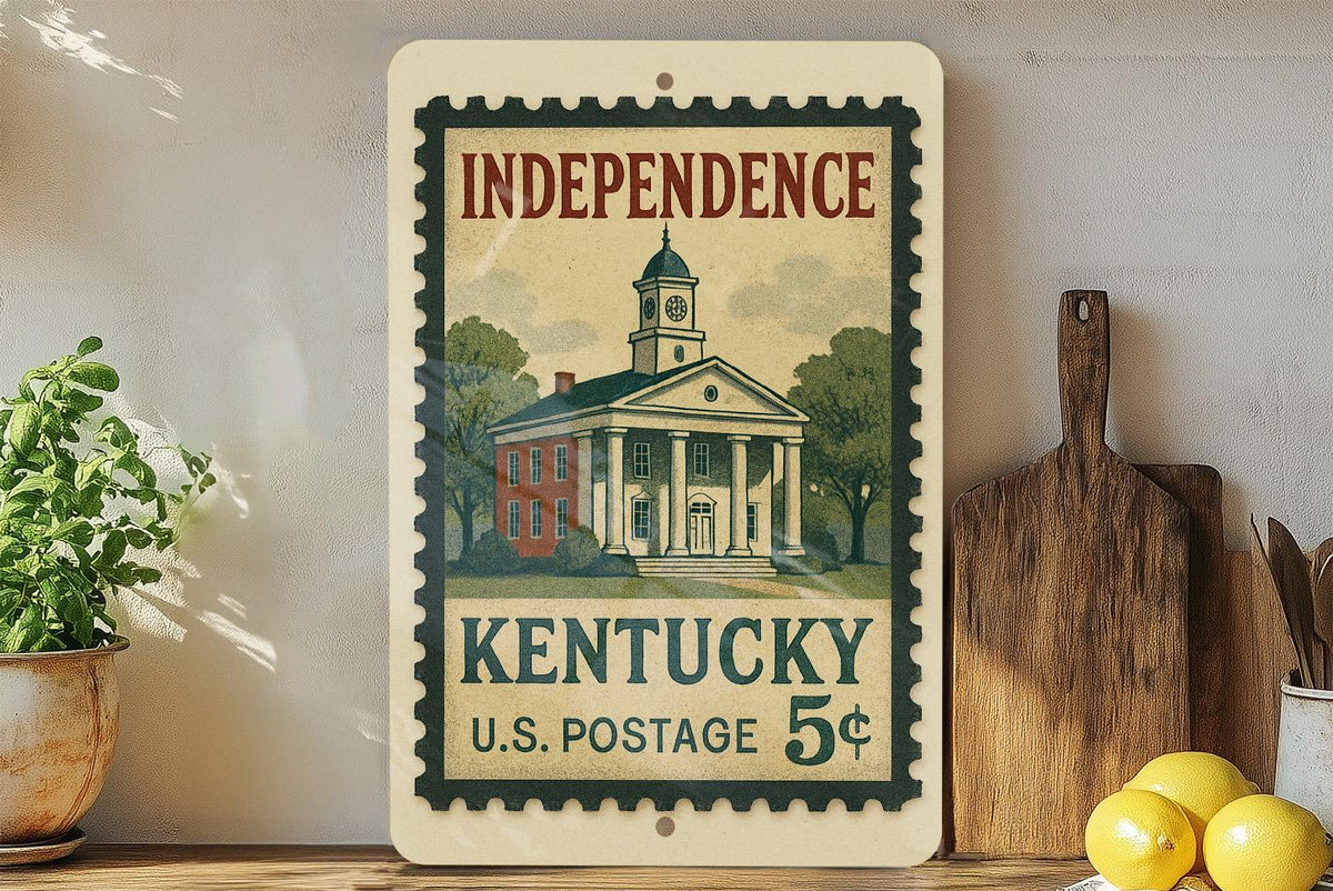Independence Kentucky Metal Sign Featuring Retro Postage Stamp Design of Historic Landmarks and Americana Theme — photo 2