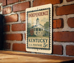 Independence Kentucky Metal Sign Featuring Retro Postage Stamp Design of Historic Landmarks and Americana Theme — photo 3