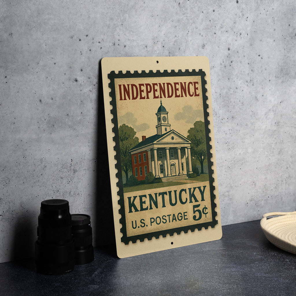 Independence Kentucky Metal Sign Featuring Retro Postage Stamp Design of Historic Landmarks and Americana Theme — photo 4