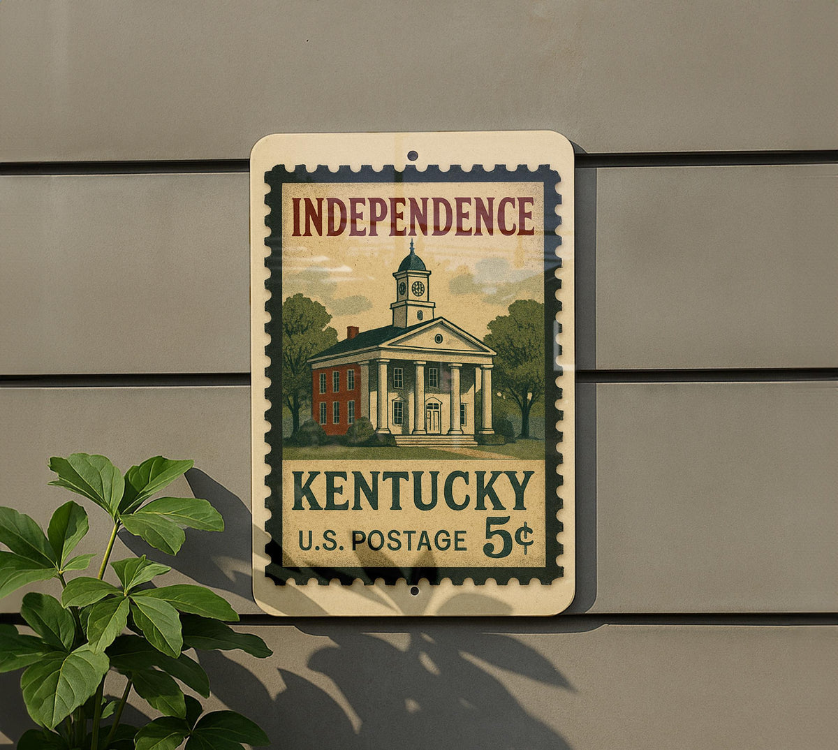 Independence Kentucky Metal Sign Featuring Retro Postage Stamp Design of Historic Landmarks and Americana Theme — photo 5