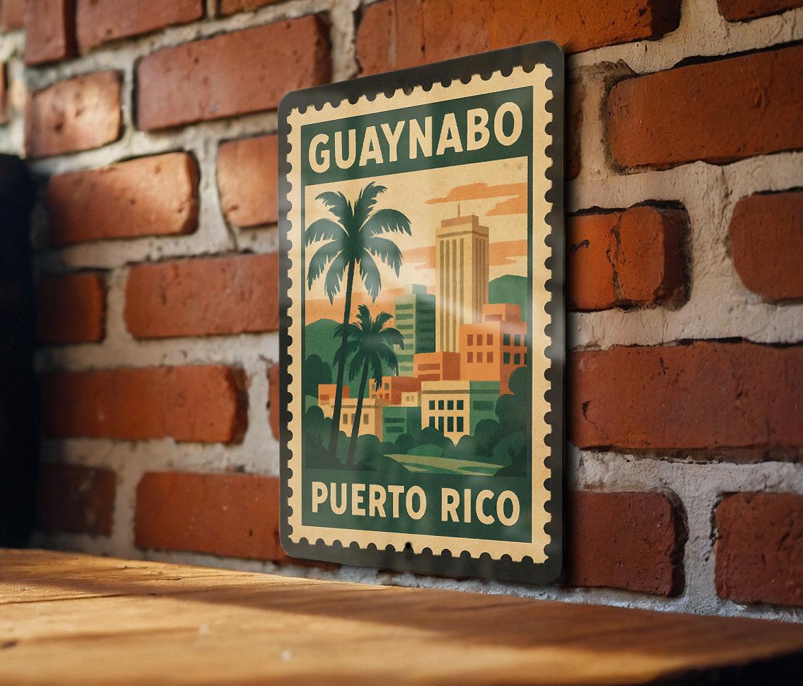 Guaynabo Puerto Rico Metal Sign – Retro Postage Stamp Design Featuring Cityscape and Caribbean Theme Décor — photo 1