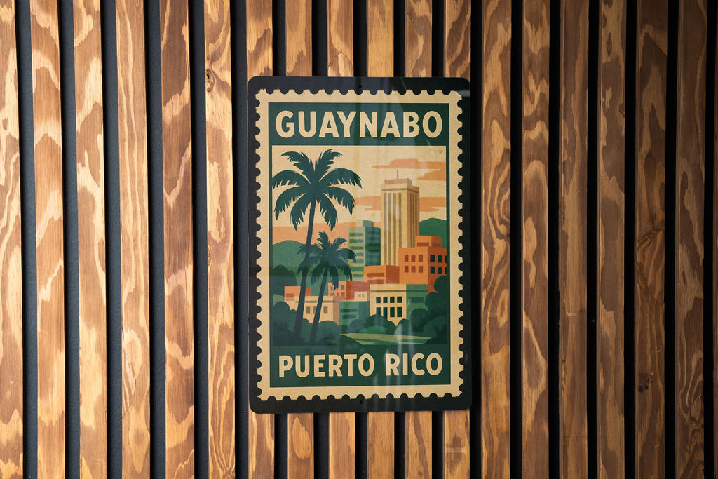 Guaynabo Puerto Rico Metal Sign – Retro Postage Stamp Design Featuring Cityscape and Caribbean Theme Décor — photo 3