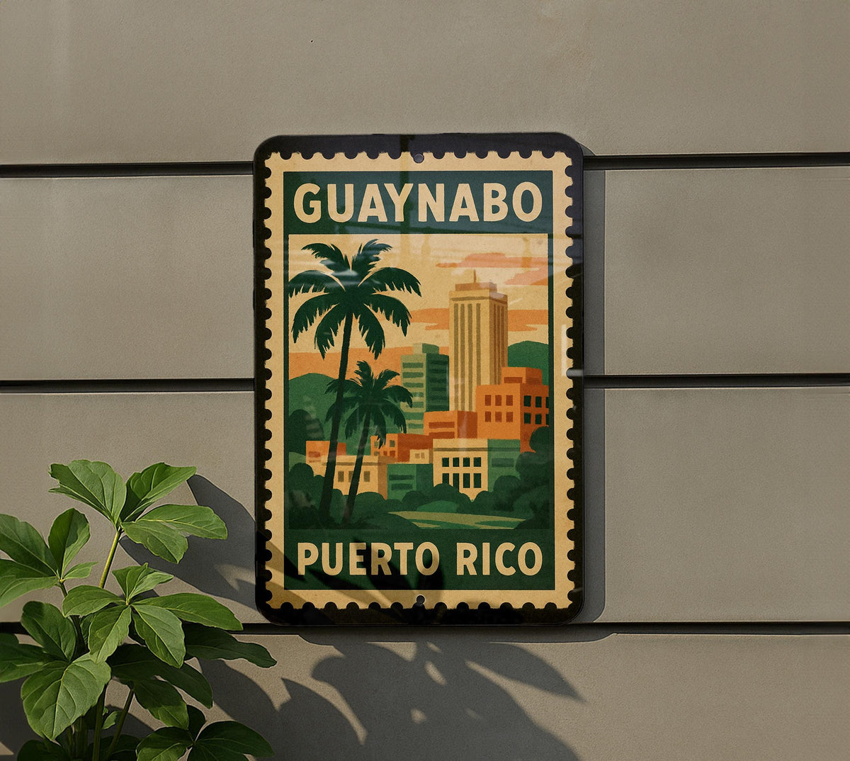 Guaynabo Puerto Rico Metal Sign – Retro Postage Stamp Design Featuring Cityscape and Caribbean Theme Décor — photo 5