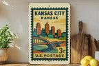 Kansas City Kansas Metal Sign – Retro Postage Stamp Design Featuring Cityscape and Iconic Landmarks — photo 1