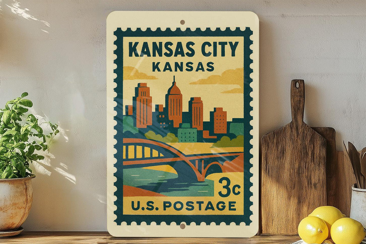 Kansas City Kansas Metal Sign – Retro Postage Stamp Design Featuring Cityscape and Iconic Landmarks — photo 1