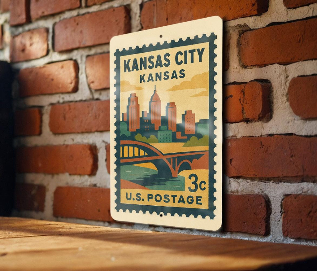 Kansas City Kansas Metal Sign – Retro Postage Stamp Design Featuring Cityscape and Iconic Landmarks — photo 2