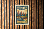 Kansas City Kansas Metal Sign – Retro Postage Stamp Design Featuring Cityscape and Iconic Landmarks — photo 3