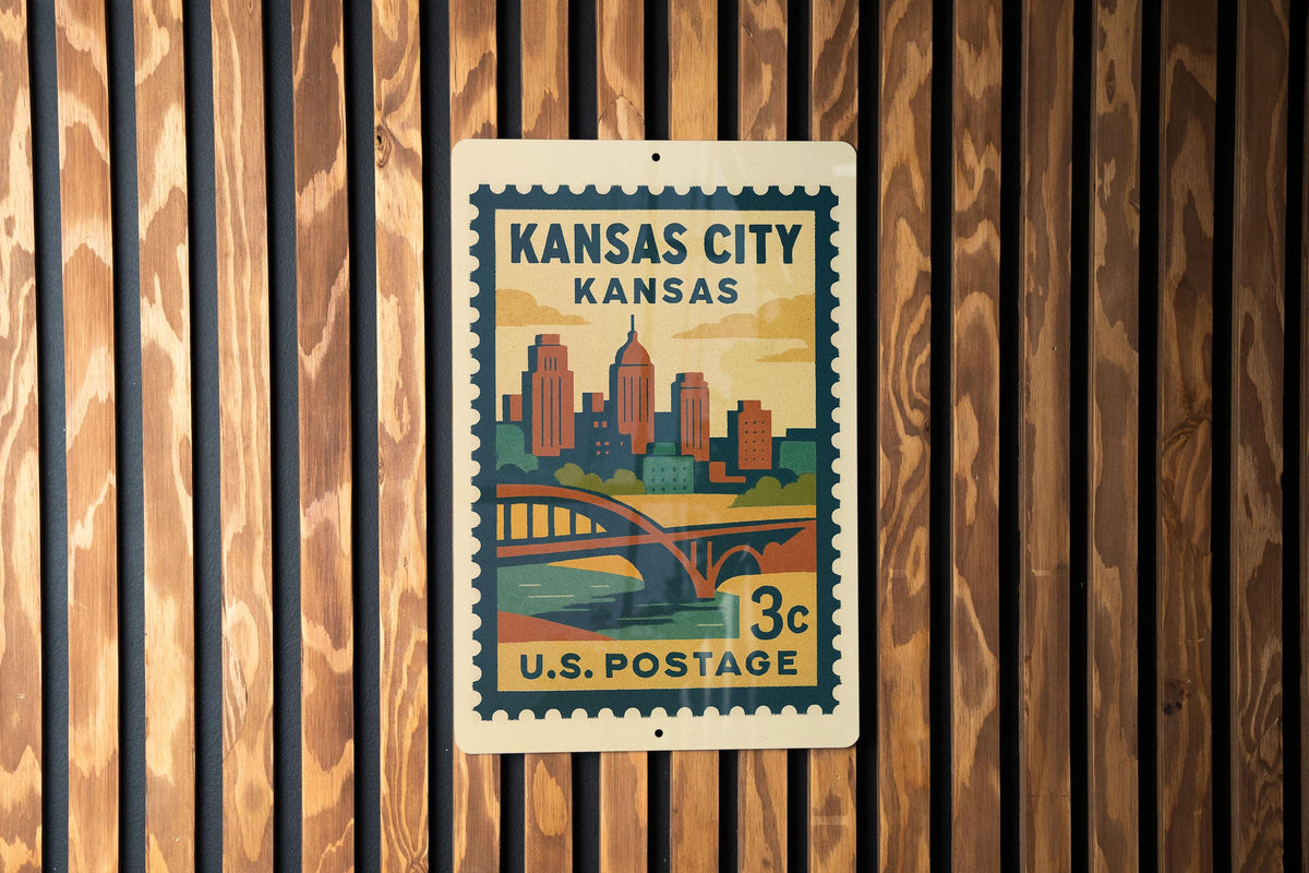 Kansas City Kansas Metal Sign – Retro Postage Stamp Design Featuring Cityscape and Iconic Landmarks — photo 3