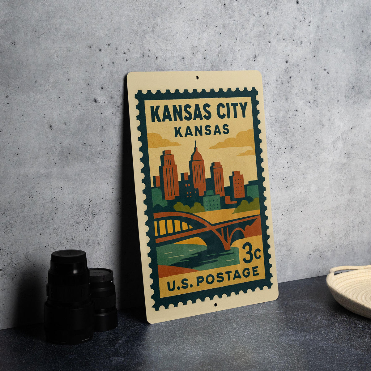 Kansas City Kansas Metal Sign – Retro Postage Stamp Design Featuring Cityscape and Iconic Landmarks — photo 4
