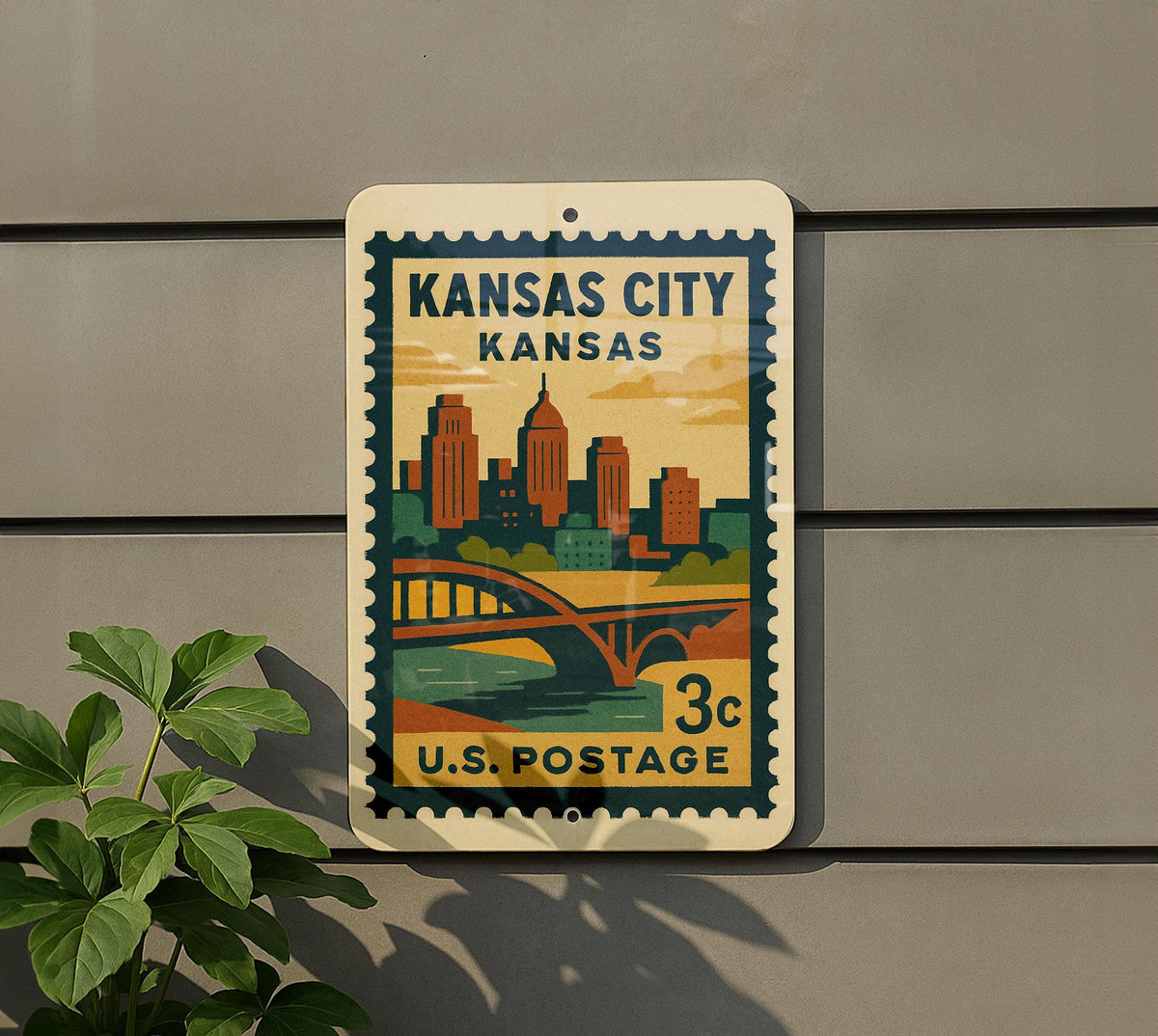 Kansas City Kansas Metal Sign – Retro Postage Stamp Design Featuring Cityscape and Iconic Landmarks — photo 5