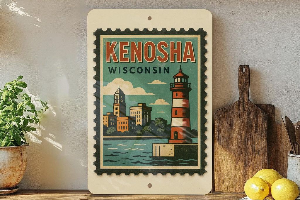 Kenosha Wisconsin Metal Sign Featuring Retro Postage Stamp Design with Cityscape and Lake Michigan Theme — photo 2