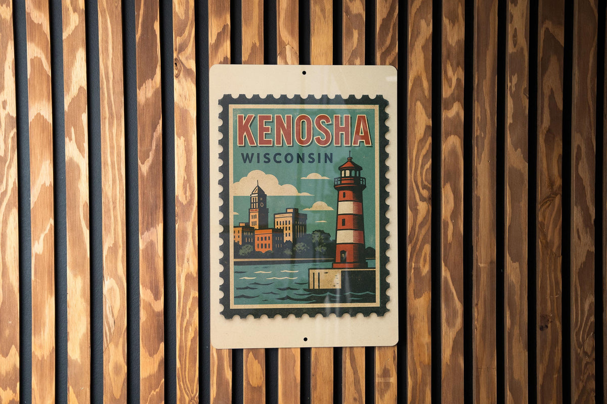 Kenosha Wisconsin Metal Sign Featuring Retro Postage Stamp Design with Cityscape and Lake Michigan Theme — photo 3