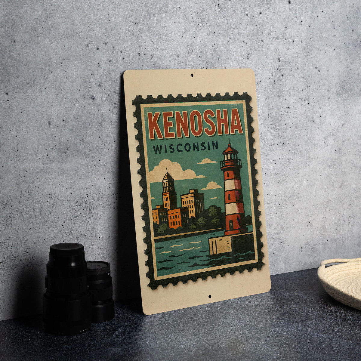 Kenosha Wisconsin Metal Sign Featuring Retro Postage Stamp Design with Cityscape and Lake Michigan Theme — photo 4