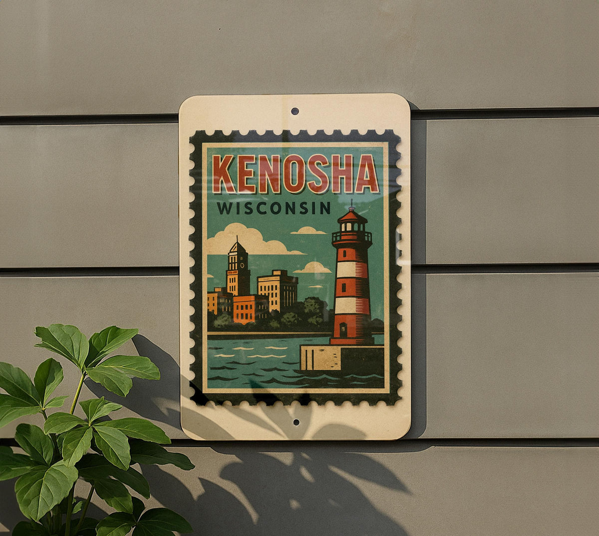 Kenosha Wisconsin Metal Sign Featuring Retro Postage Stamp Design with Cityscape and Lake Michigan Theme — photo 5