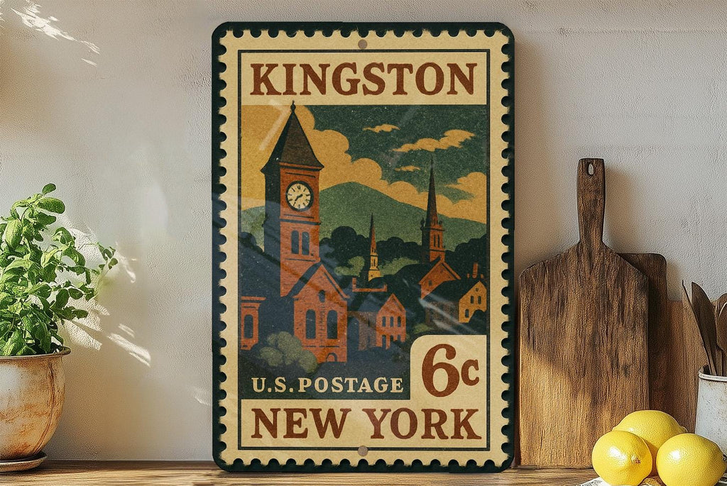 Kingston New York Metal Sign – Retro Postage Stamp Design Featuring Historic City Elements and Scenic Landmarks — photo 1